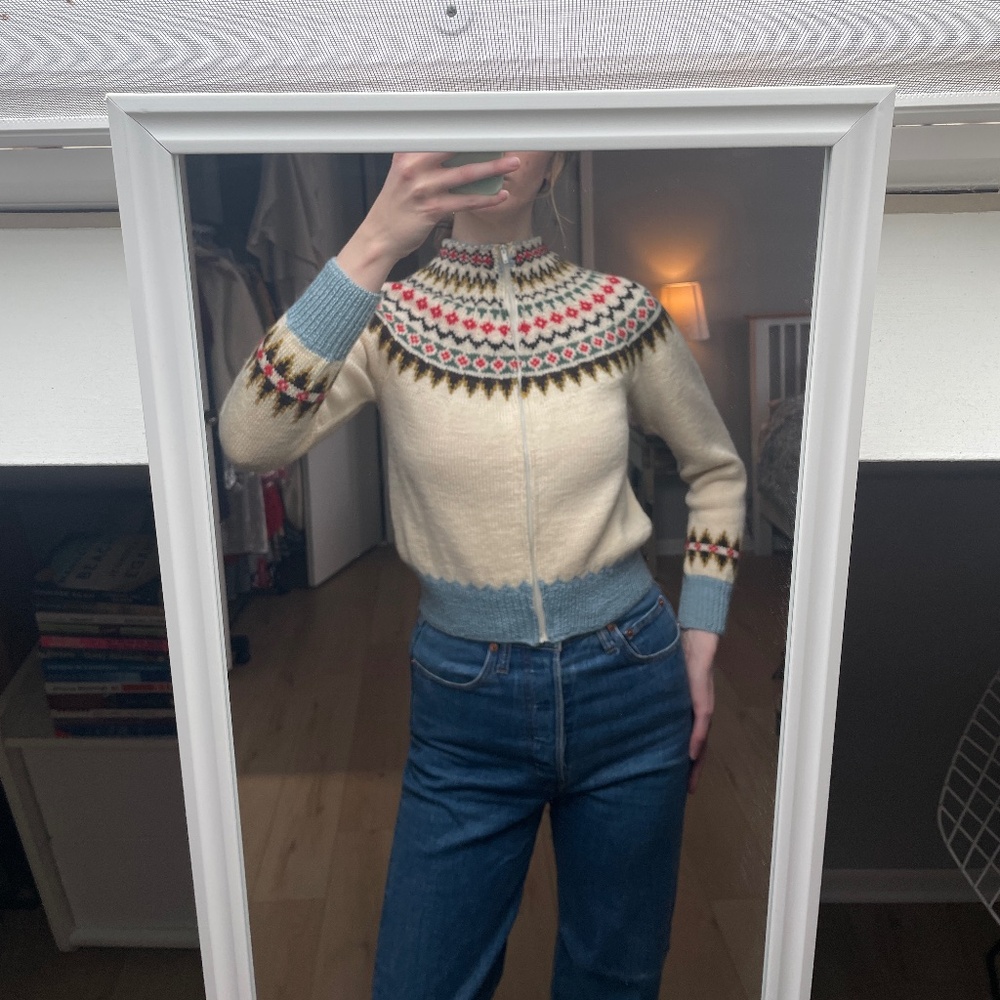 Vintage 70s Norwegian Wool Zip-Up Fair Isle Sweater - Picture 4 of 6